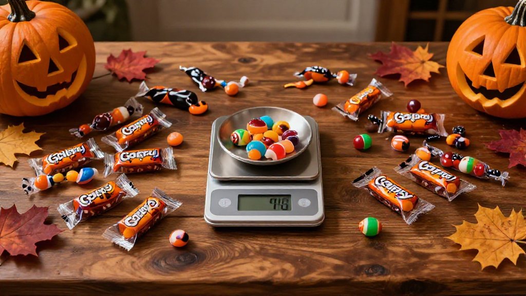 Assorted fun size treats around a kitchen scale, showing what the most popular Halloween candy weighs