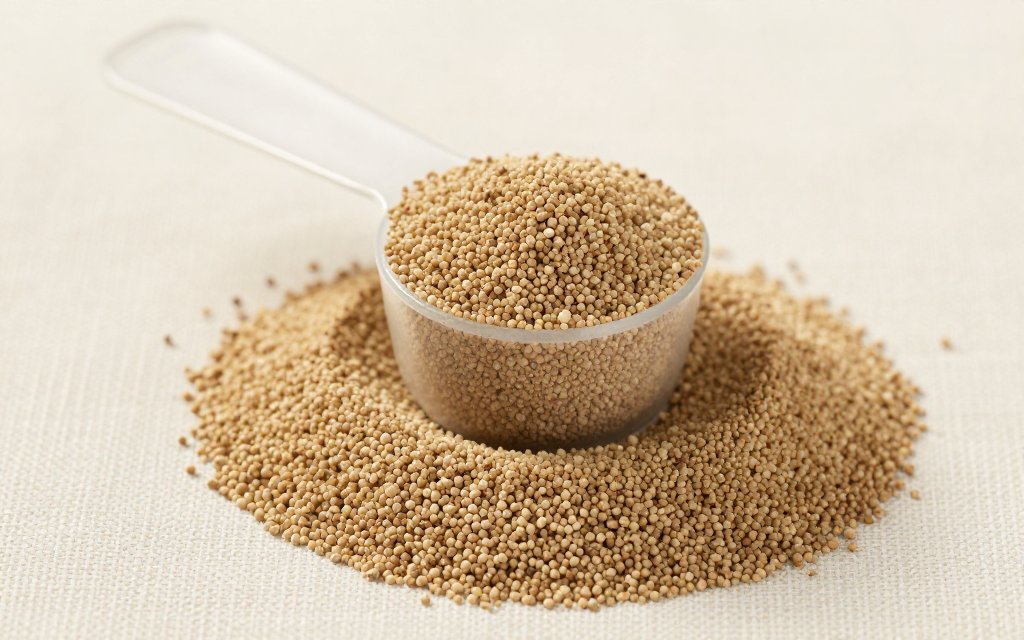 Macro view of a level teaspoon of dry yeast granules, about 3.1 grams, showing how much yeast in a packet measures by spoon