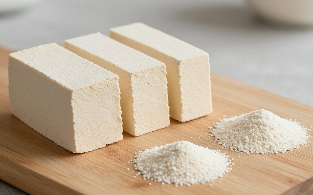 Fresh cake yeast cut in thirds beside three piles of dry yeast, showing each third replaces how much yeast in a packet