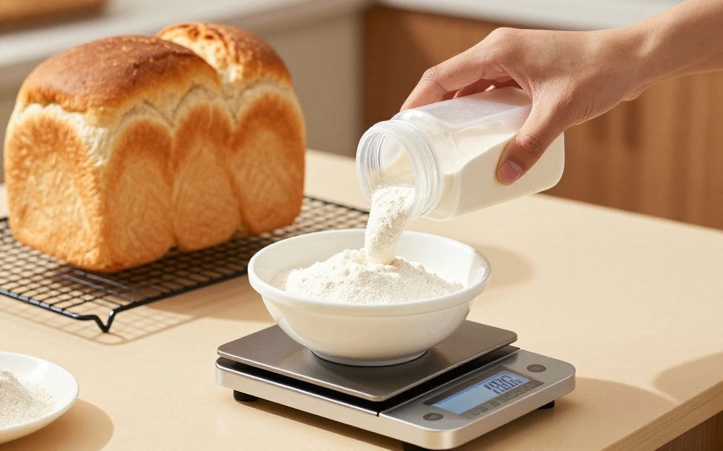 Baker weighing dry yeast from a bulk container on a kitchen scale, measuring how much yeast in a packet for one loaf