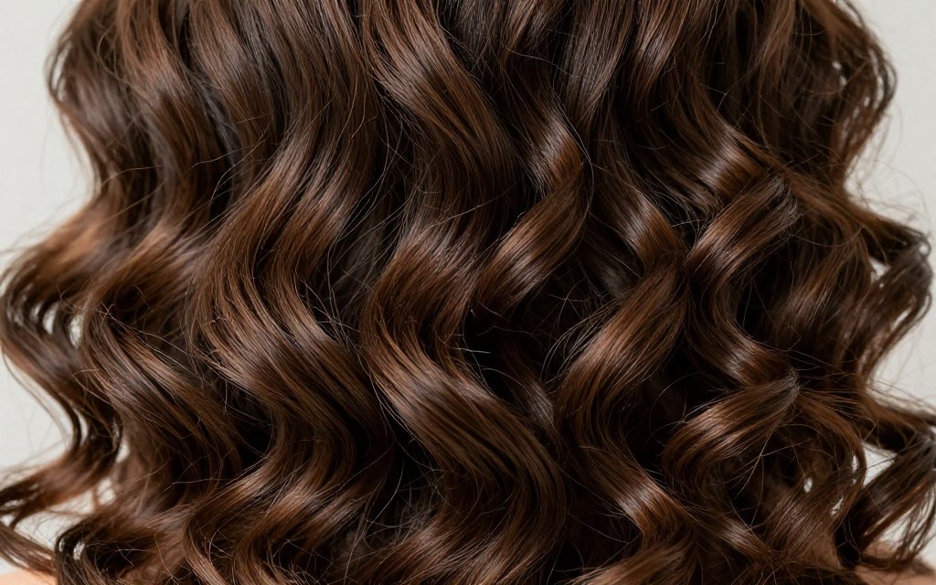 Macro close-up of curly hair strands half smoothed after a keratin treatment, showing glossy loosened curls