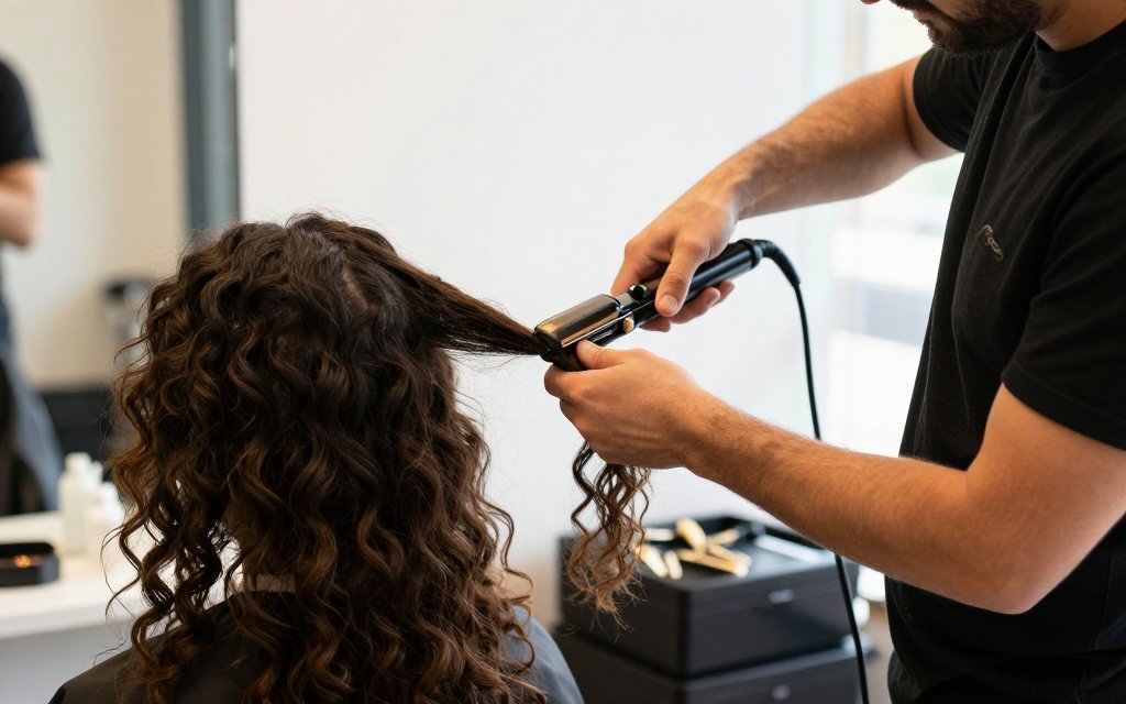 Stylist flat ironing a client's curly hair section by section during a keratin treatment in a bright salon