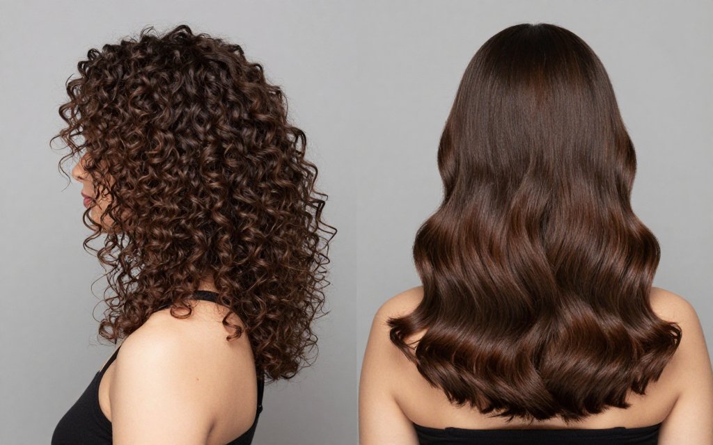 Side-by-side comparison of voluminous curly hair and the same hair smoothed into soft waves after a keratin treatment