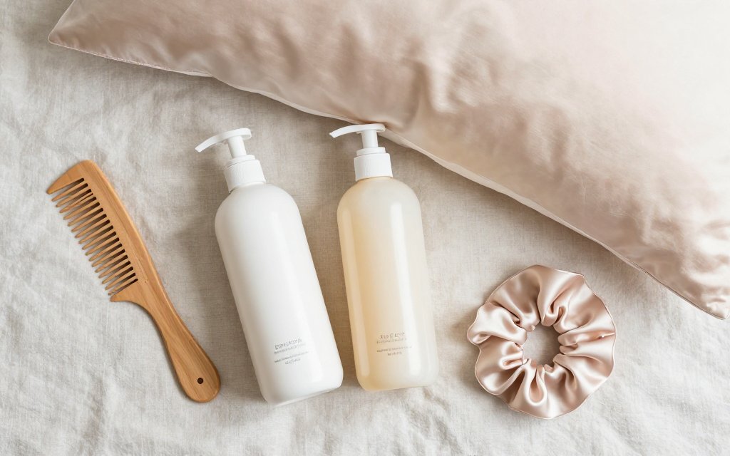 Flat-lay of sulfate-free shampoo, a silk pillowcase and a wide-tooth comb for keratin treatment aftercare