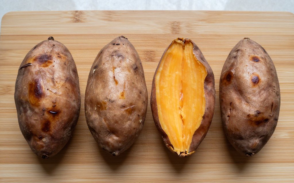 Four baked sweet potatoes from small to jumbo on a cutting board, showing how sweet potato calories scale with size