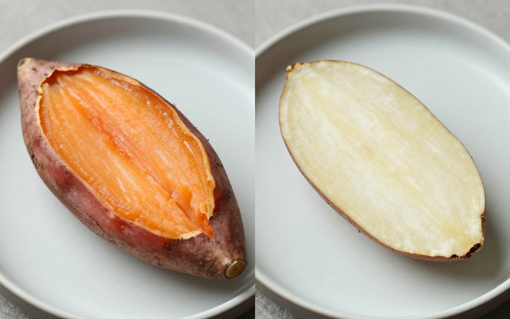 A halved sweet potato beside a halved white potato, comparing sweet potato calories and nutrition per 100 grams