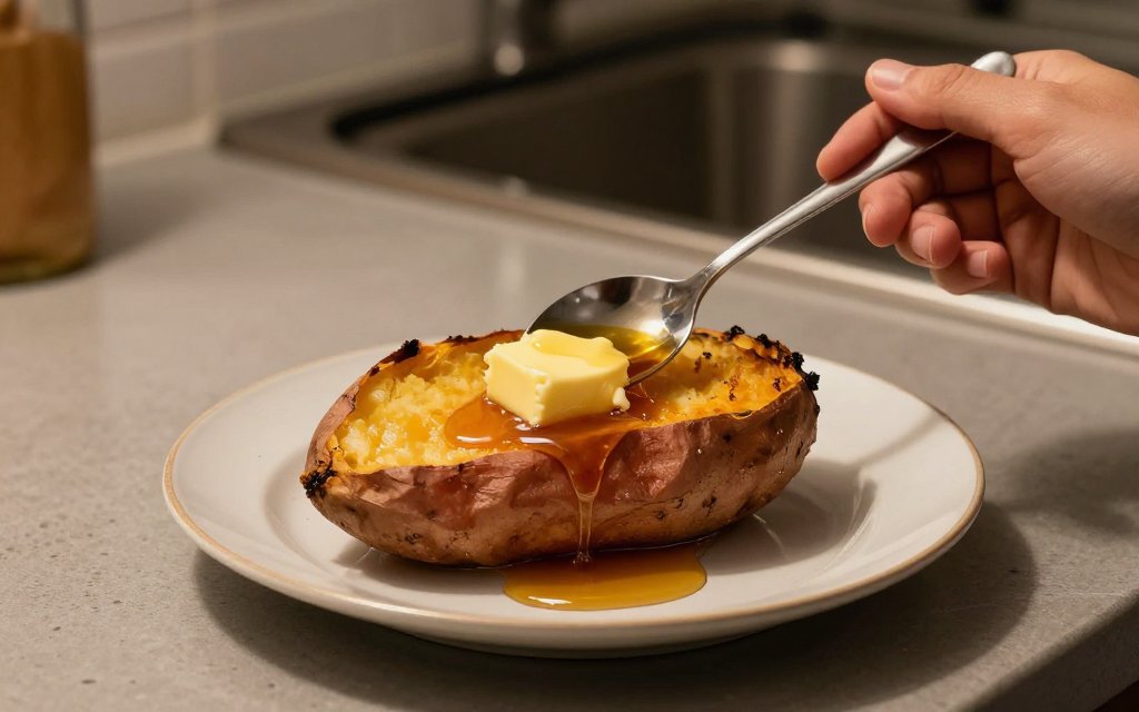 Butter and maple syrup melting on a baked sweet potato, the toppings that raise baked sweet potato calories