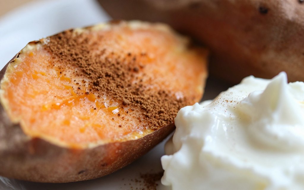 Close-up of a sweet potato topped with cinnamon and yogurt, a lighter way to keep sweet potato calories low
