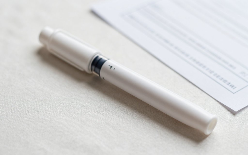 Close-up of a weekly injection pen on linen, representing label data on Zepbound constipation rates