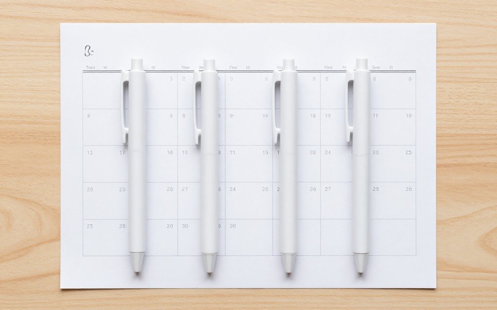 Four injection pens in a row beside a blank calendar, showing the four-week steps behind Zepbound constipation patterns