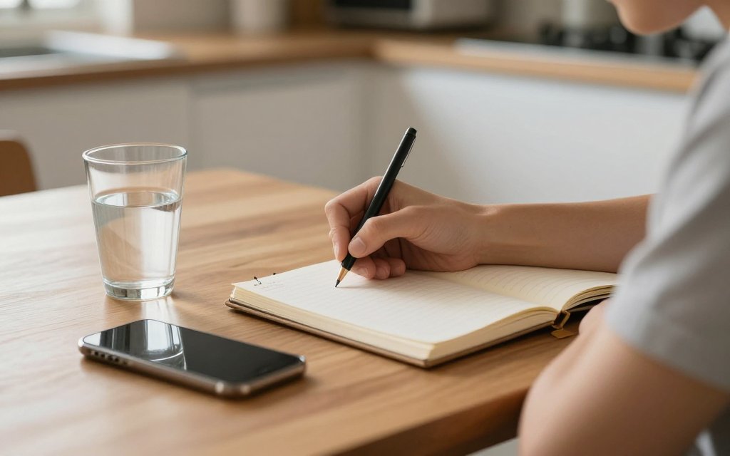 Person logging symptoms at a kitchen table, the kind of record that helps when discussing Zepbound constipation