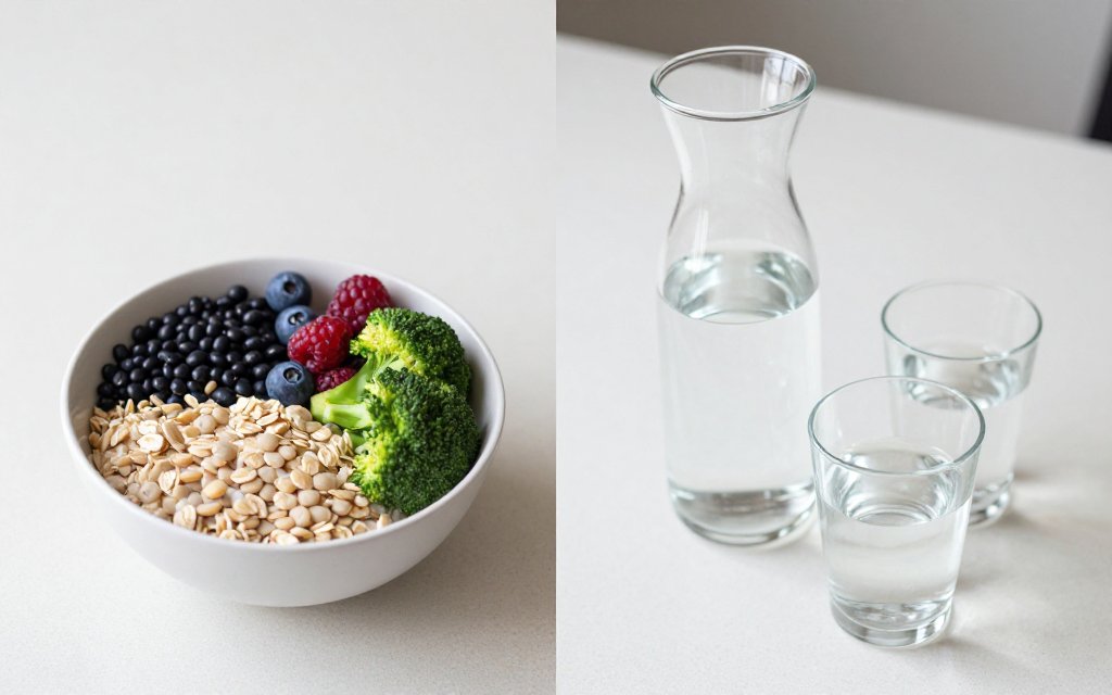 High-fiber foods next to a carafe of water, the fiber and fluid pairing often discussed for Zepbound constipation
