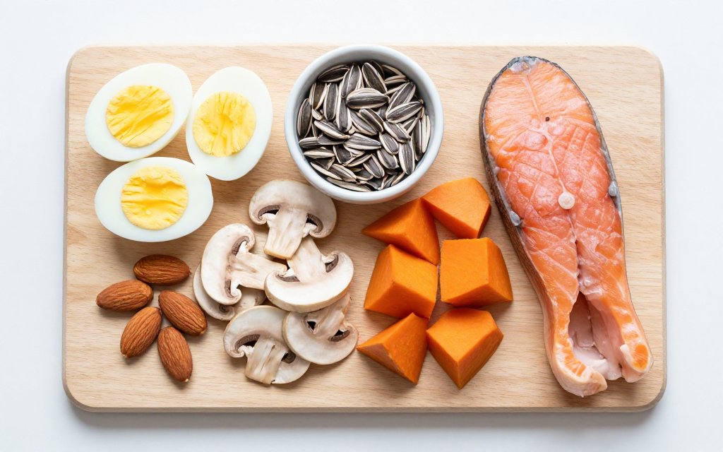 Top-down flat lay of eggs, sunflower seeds, mushrooms, sweet potato and salmon, foods that rival biotin supplements for hair growth