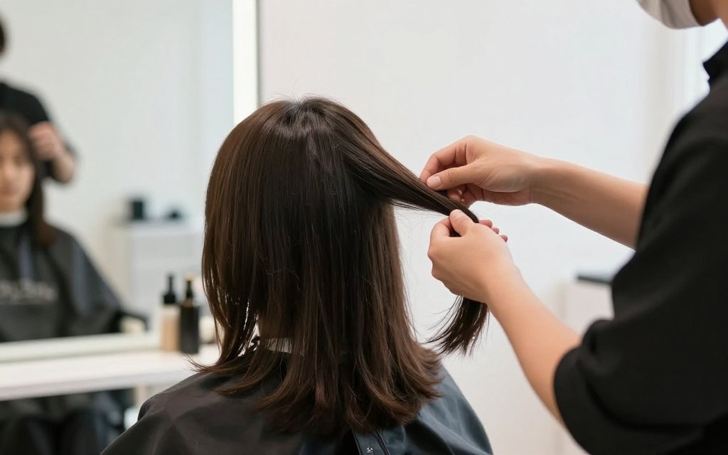 Stylist checking a client's scalp and ends in a salon before she spends more on biotin supplements for hair growth