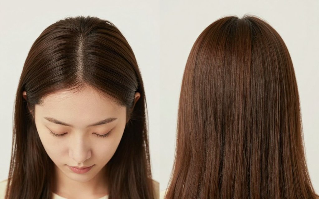 Side-by-side view of a wide hair part and a fuller one, showing the change people want from vitamins and biotin for hair growth