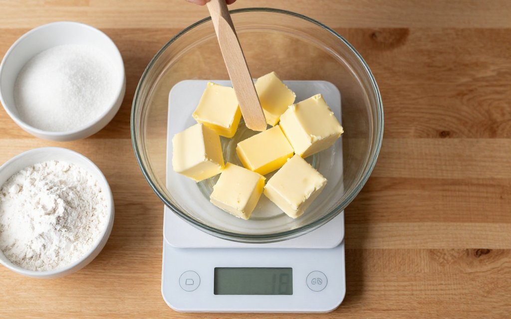 Top-down view of butter cubes weighed in a bowl on a scale, a stick of butter in grams for baking