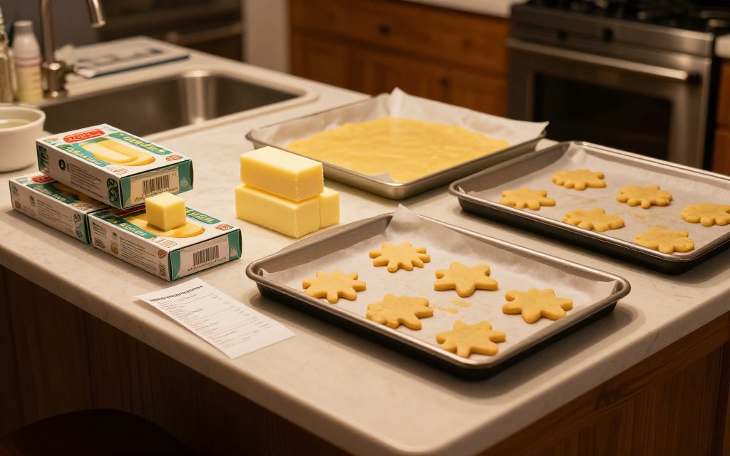 Stacked boxes of butter beside cookie dough, showing how much is a stick of butter in a holiday baking budget