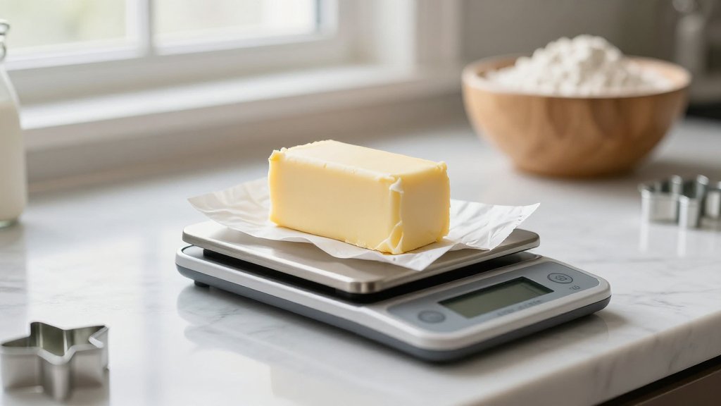 A stick of butter half unwrapped on a digital kitchen scale, showing how much is a stick of butter for holiday baking