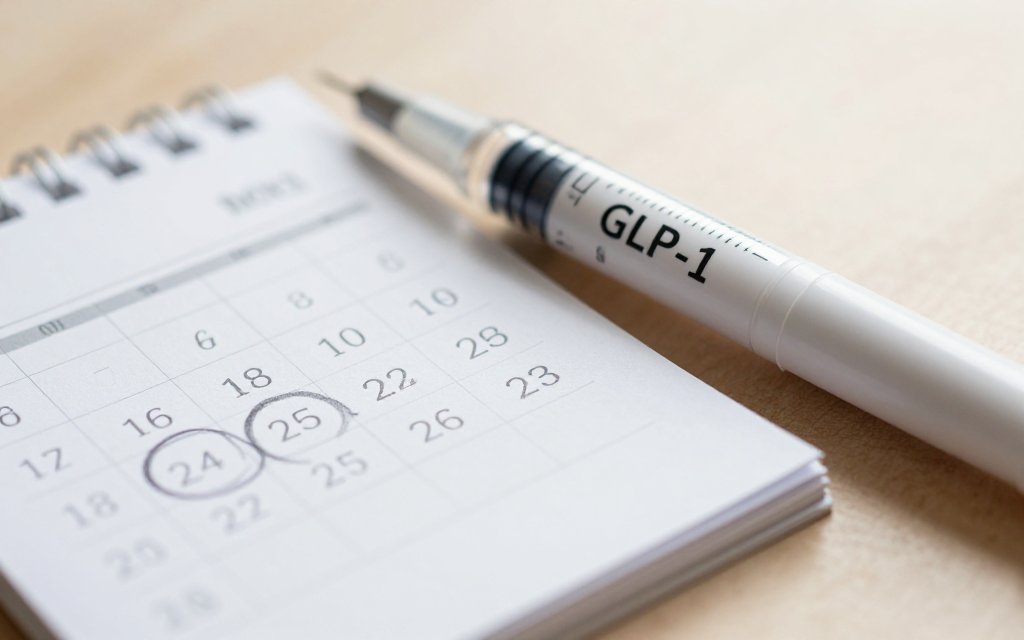 Macro of a GLP-1 pen beside a calendar, marking how many days Ozempic nausea episodes lasted in the trials
