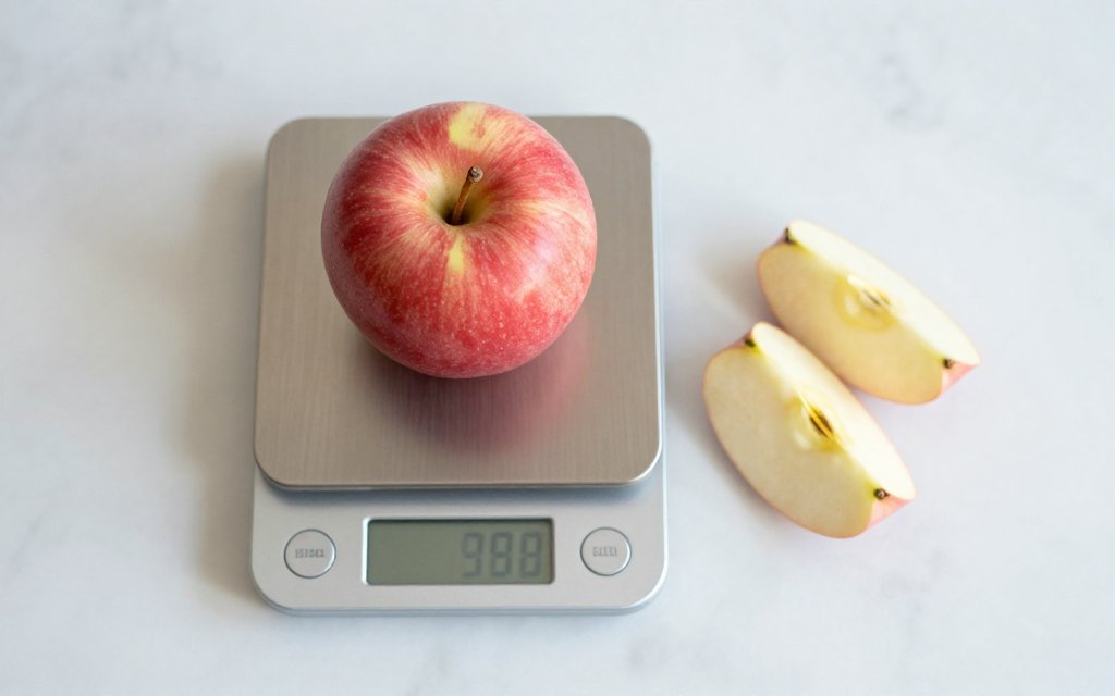 Red apple on a kitchen scale, the quickest way to check the calories in an apple by weight