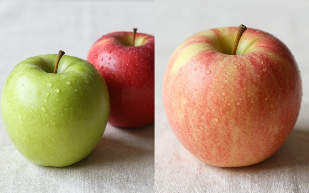 Granny Smith, Red Delicious and Honeycrisp apples compared side by side for calories in an apple by variety