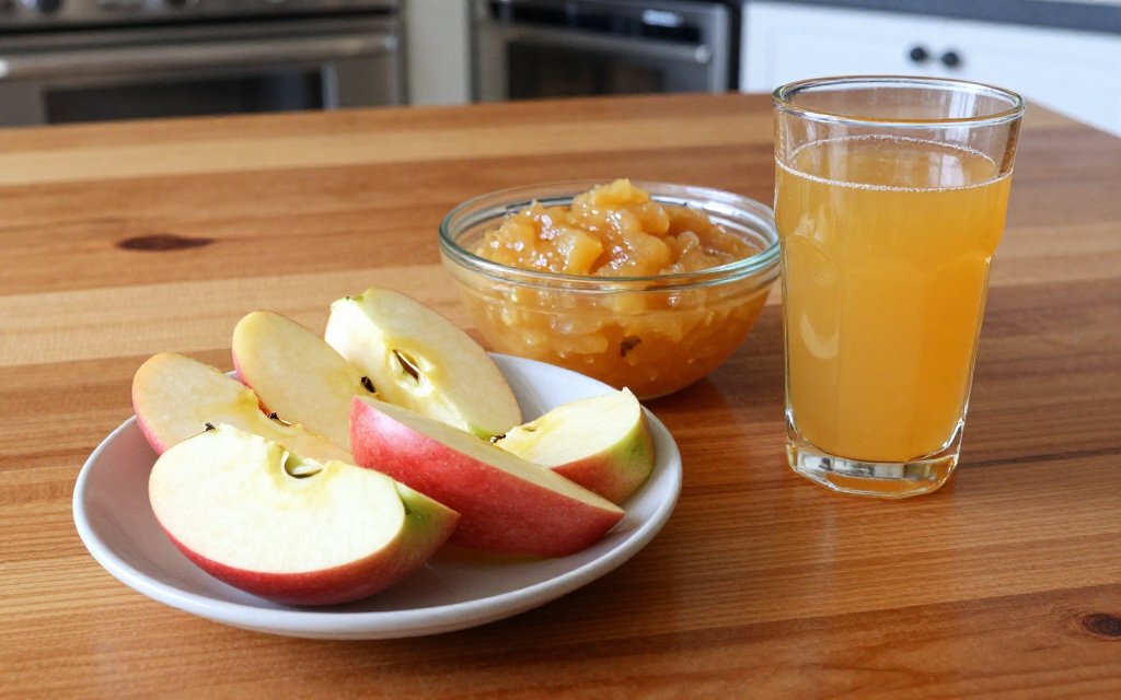Apple slices, applesauce and apple juice on a kitchen table, comparing calories in an apple across forms