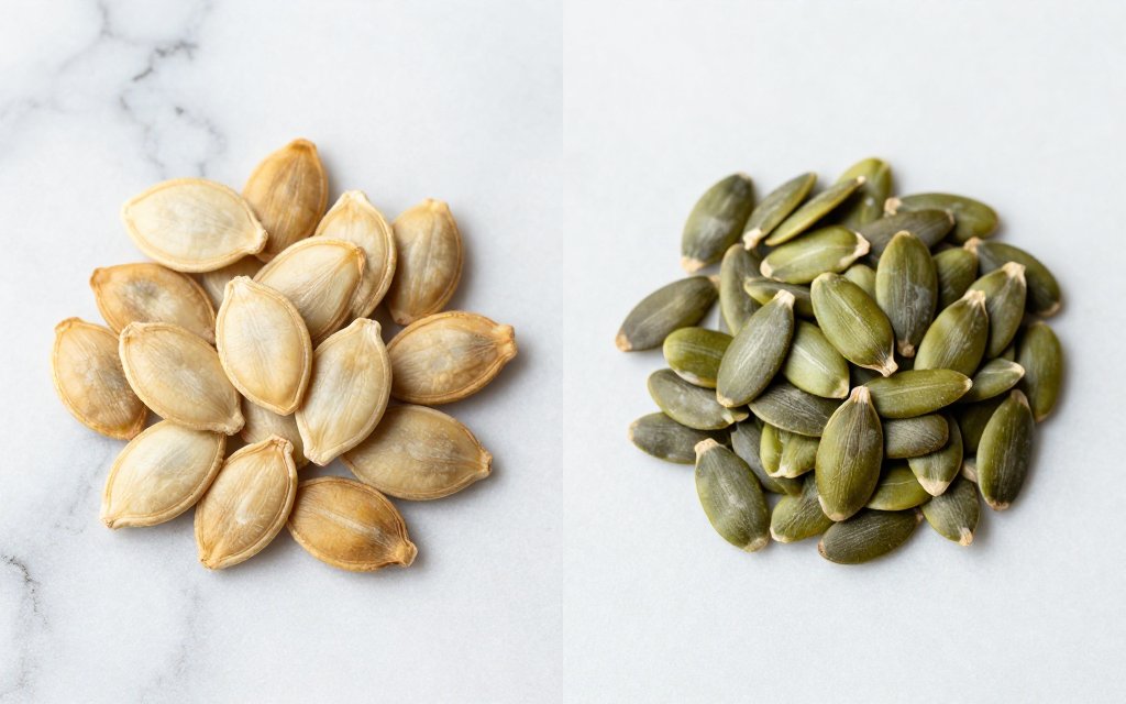 Whole roasted pumpkin seeds beside hulled pepitas, the comparison that sets the calories in pumpkin seeds per ounce