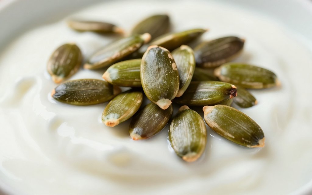 Macro shot of roasted pepitas on Greek yogurt, an easy way to add pumpkin seeds protein to a snack