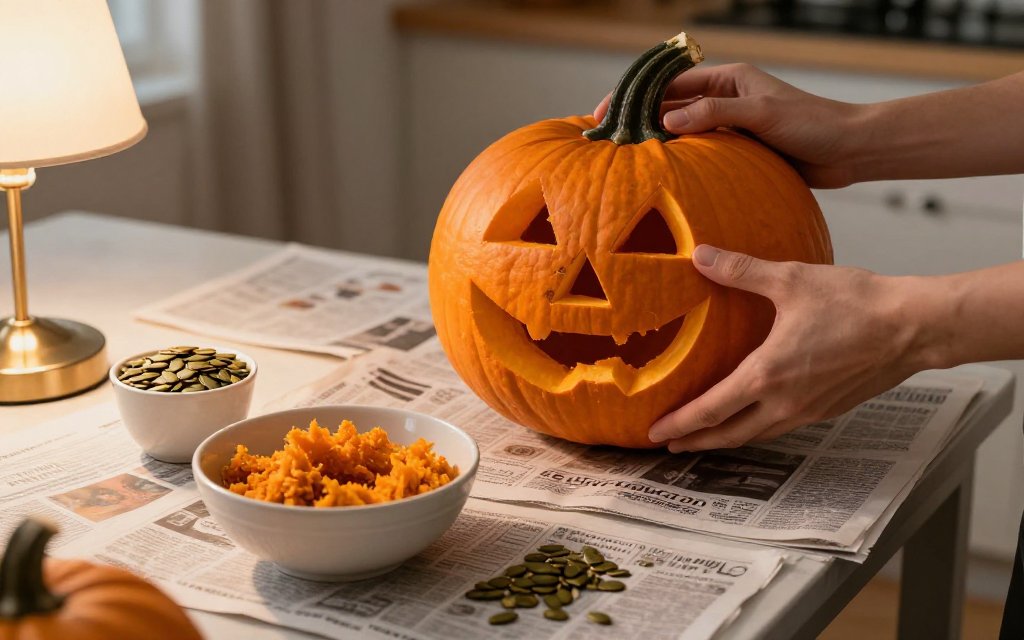 Carving a pumpkin at the kitchen table with a bowl of seeds, where the calories in pumpkin seeds add up as a snack