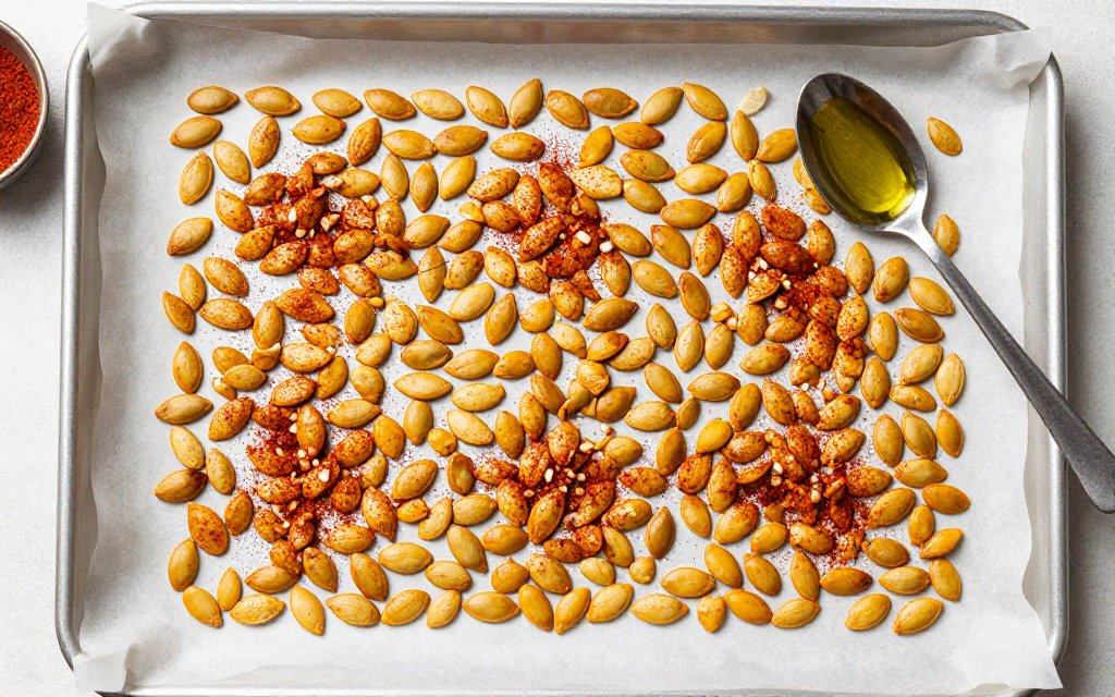 Top-down view of a tray of home roasted pumpkin seeds with spices and a measured teaspoon of oil