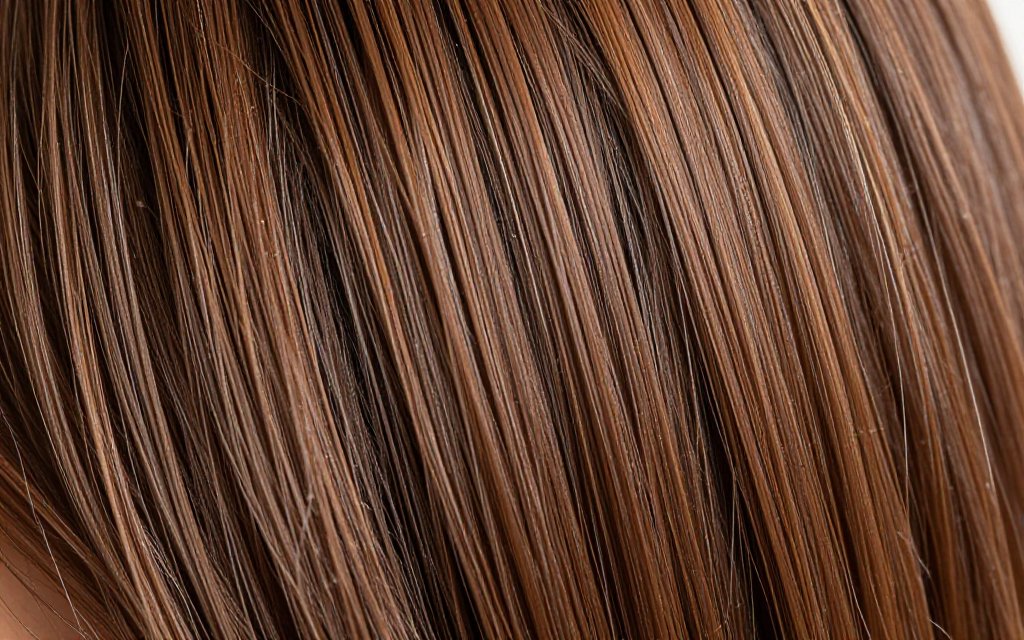Close-up of shiny brown hair strands showing how a fresh hair gloss reflects light