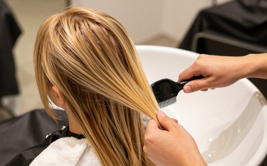 Colorist applying a tinted gloss to damp blonde hair in a salon