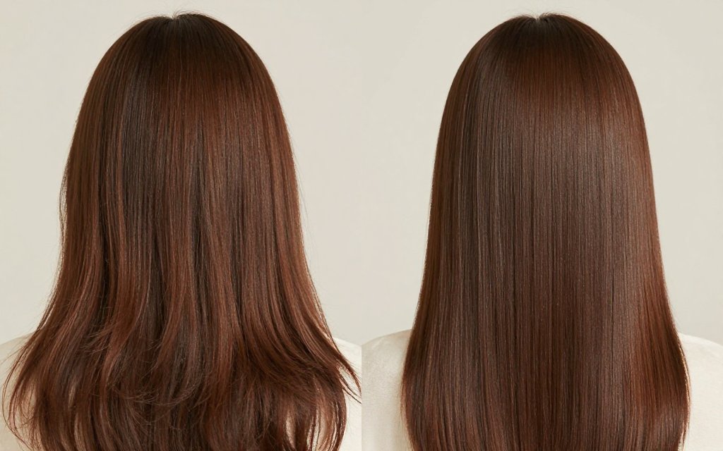 Before and after comparison of dull brown hair and glossy hair after a gloss
