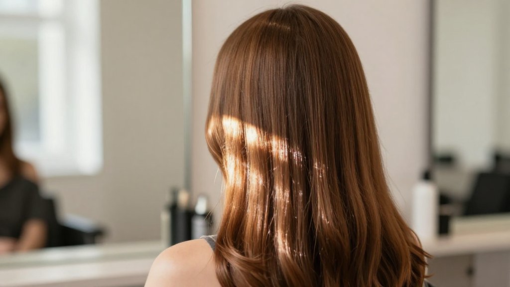 Woman with long brunette hair showing a mirror-like shine after a hair gloss and shine treatment