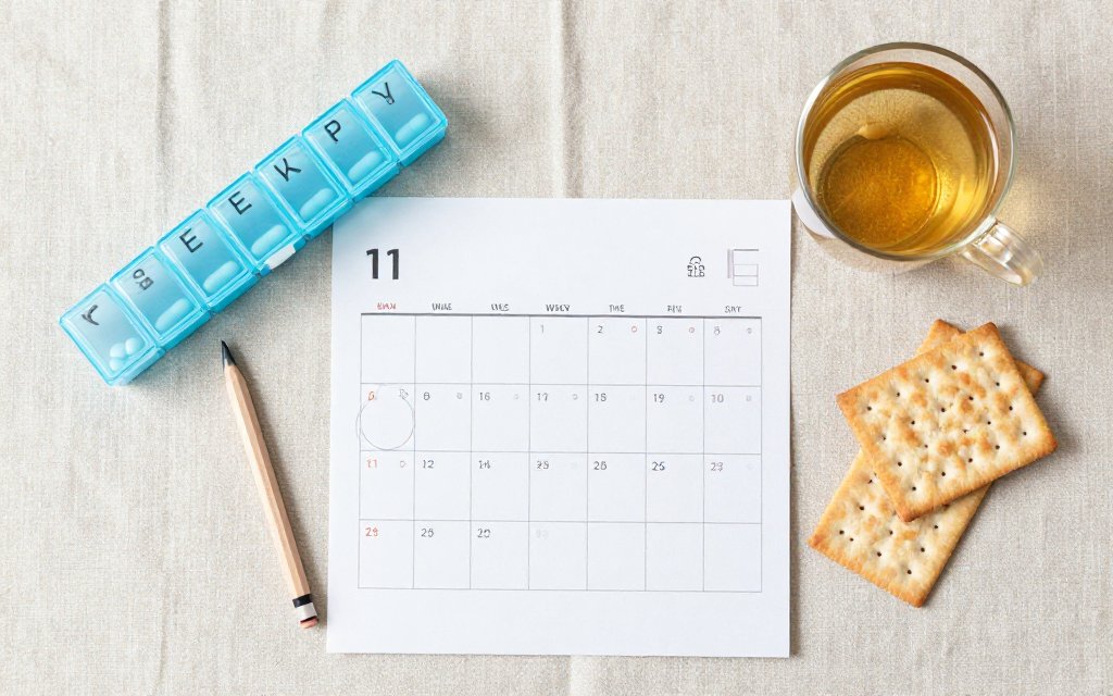 Flat lay of a calendar, ginger tea and crackers used to track Mounjaro side effects week by week
