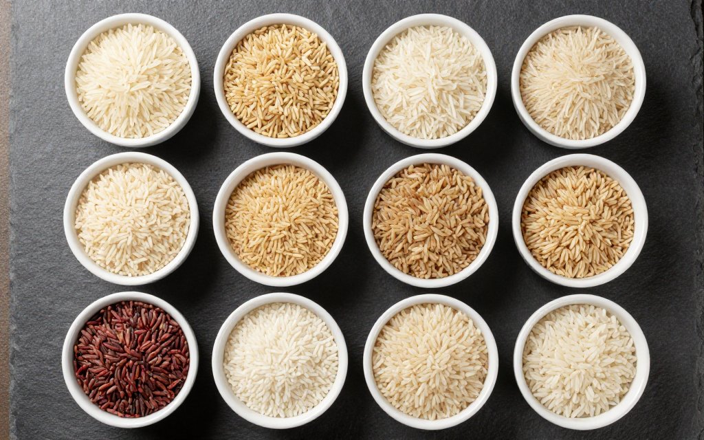 Grid of dry rice varieties from basmati to wild rice, each needing its own rice to water ratio