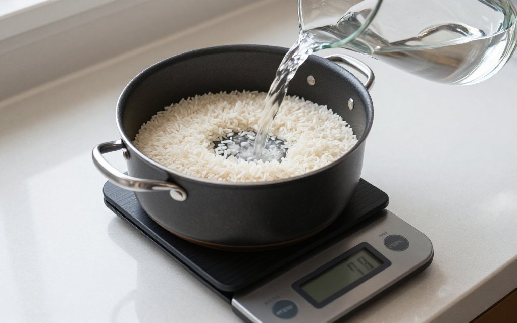 Weighing rice and water in a saucepan on a kitchen scale to get the proportion of water to rice right