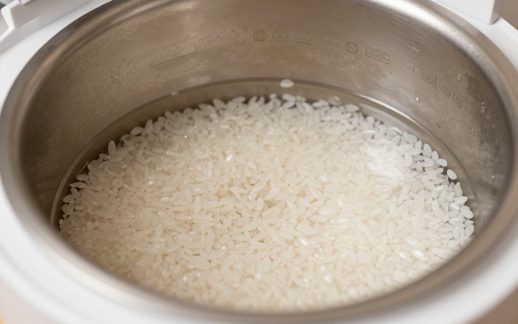 Inside a rice cooker bowl with rice and water at the fill line, showing the rice cooker ratio in practice
