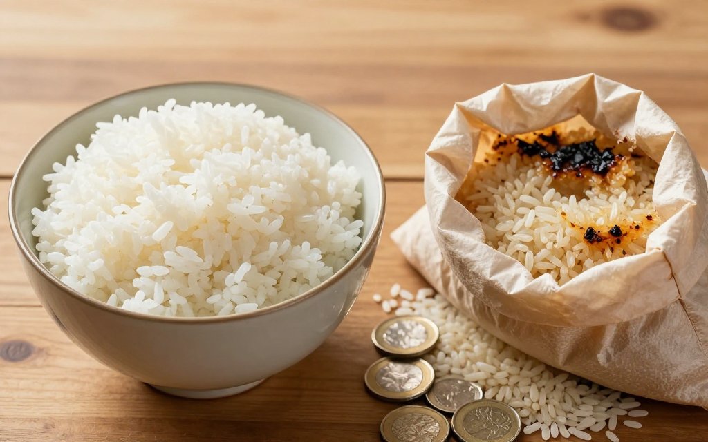 Fluffy rice next to a scorched pot, showing what a wrong rice to water ratio costs in wasted rice