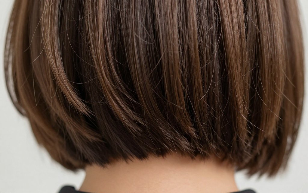 Close-up of the piecey ends of a chin length bob sitting at the jaw of a heart shaped face