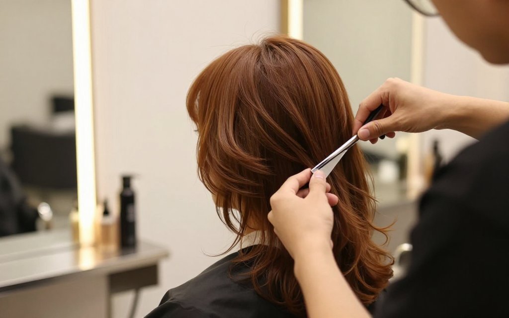 Stylist trimming side swept bangs on a client with a heart shaped face in a salon