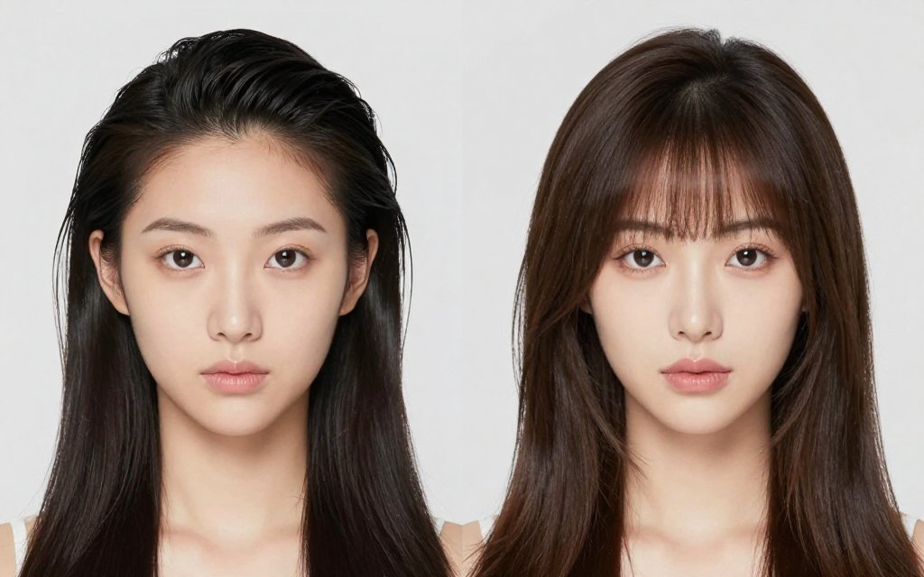 Before and after comparison of a slicked back style versus face framing layers on a heart shaped face