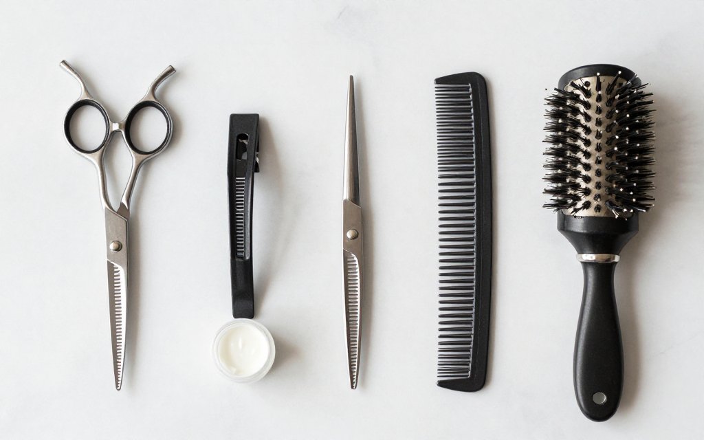 Flat lay of shears, comb and brush used to maintain a heart shaped face haircut between salon visits