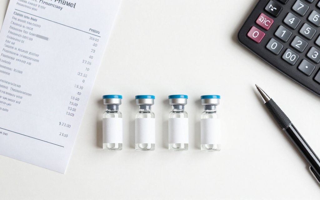 Four single-dose vials beside a receipt and calculator, showing how Zepbound cost adds up per fill