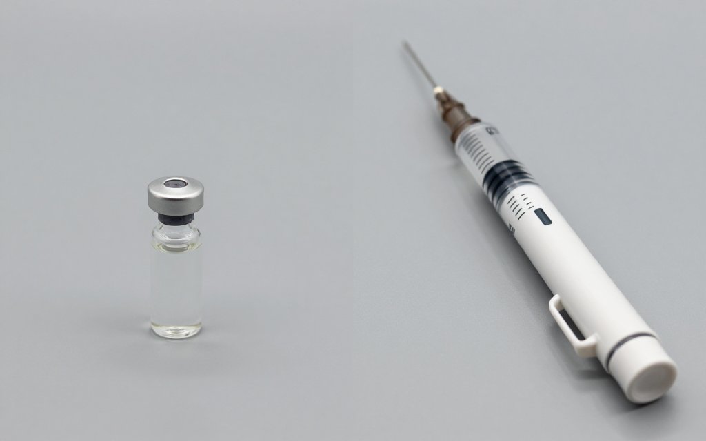 A vial with syringe next to an unbranded injection pen, comparing a Zepbound vial vs pen setup