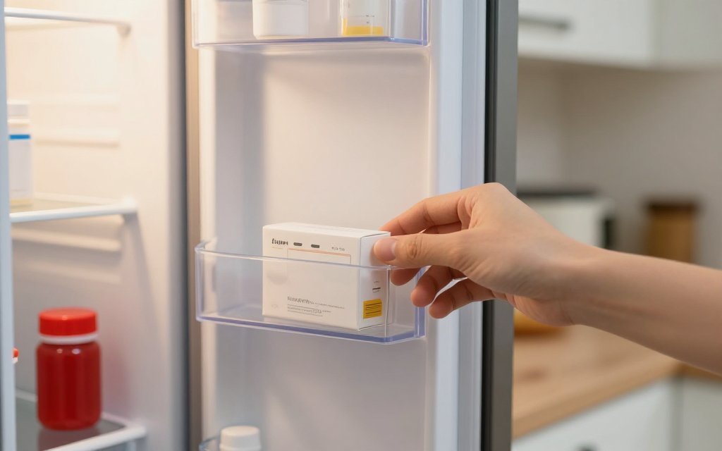 A hand taking a medication carton from a fridge door, where Zepbound vials are stored between doses