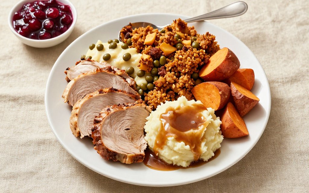 Top-down view of a full Thanksgiving plate with turkey, stuffing and a scoop that shows mashed potatoes nutrition facts in context