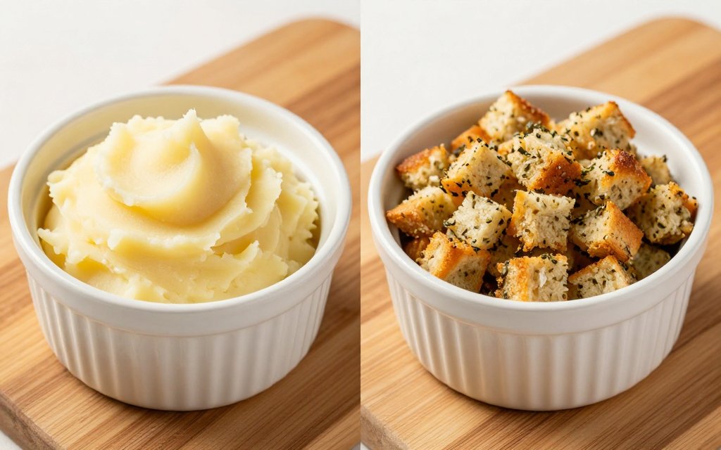 One cup of mashed potatoes beside one cup of stuffing, comparing mashed potatoes nutrition facts with stuffing calories