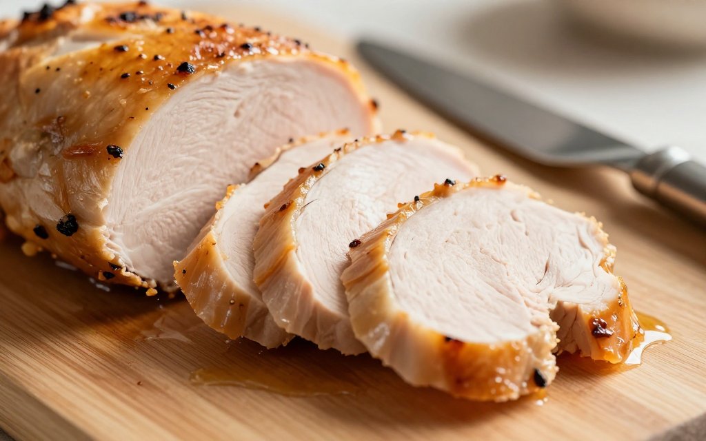 Close-up of sliced roast turkey breast on a carving board, the protein that sits next to mashed potatoes nutrition facts on the plate