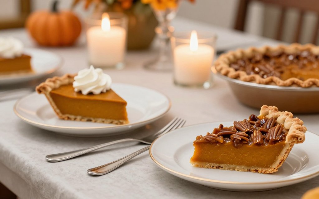 A slice of pumpkin pie next to a slice of pecan pie, the desserts that outweigh mashed potatoes nutrition facts